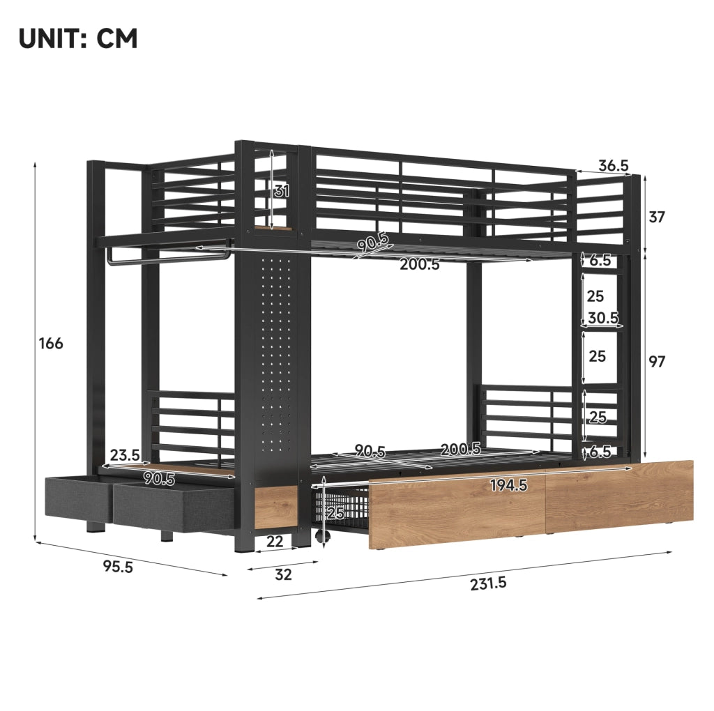 Letto a castello 90 x 200 cm in metallo e MDF con 4 cassetti e LED