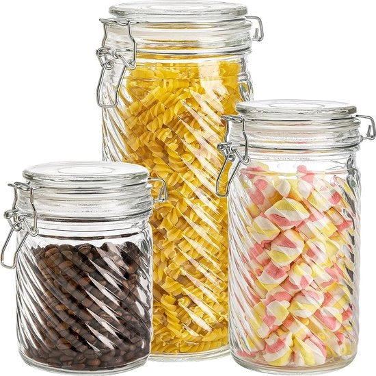 Set di 3 contenitori a chiusura ermetica, contenitori di magazzino con apertura ampia, contenitori per l'organizzazione di cereali, pane, biscotti, dolci, caffè, pasta e alimenti conservati, 1,3 l / 1 l / 0,65 l