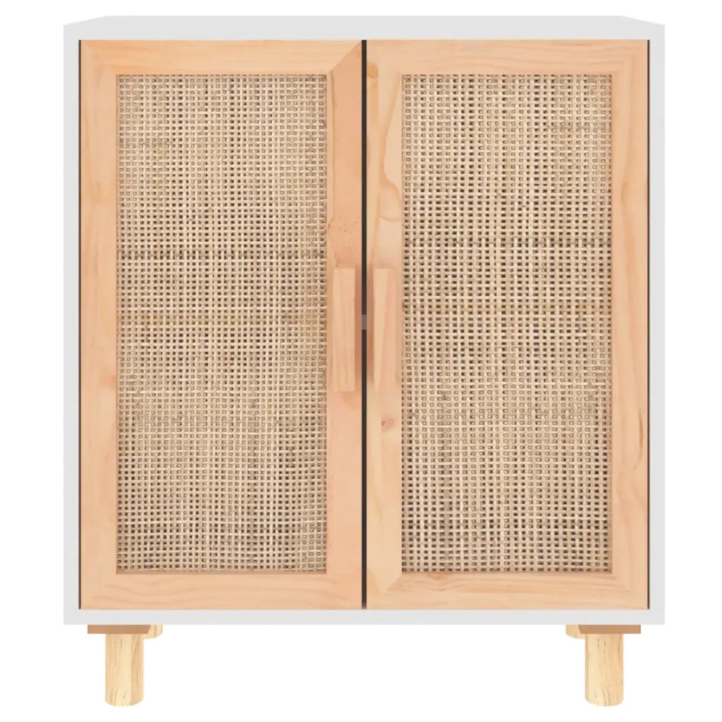Credenza Bianca 60x30x70 cm Legno Massello Pino Rattan Naturale 345630