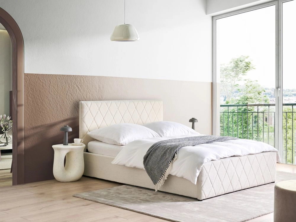 Letto matrimoniale Trapuntato Velluto Beige Rete a Doghe 140 x 200 cm con contenitore con base a doghe