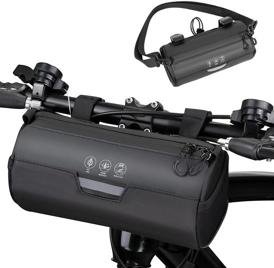 Borsa per manubrio - 2 l - Impermeabile - Borsa per manubrio riflettente - Con cinturino da spalla rimovibile - Per bicicletta da corsa - MTB - e-bike - Viaggi in bicicletta all'aperto - Nero