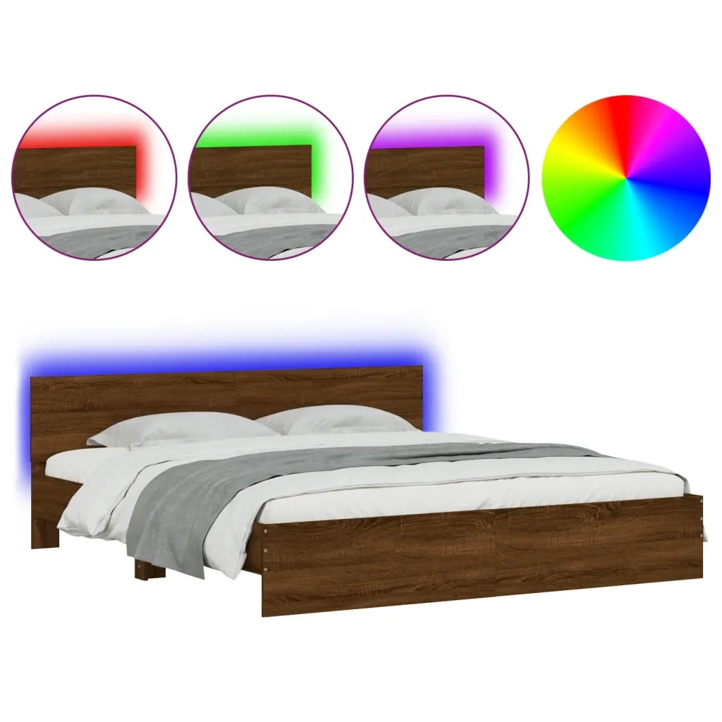 Letto matrimoniale | Letto per adulti | Giroletto con Testiera e LED Rovere Marrone 200x200 cm