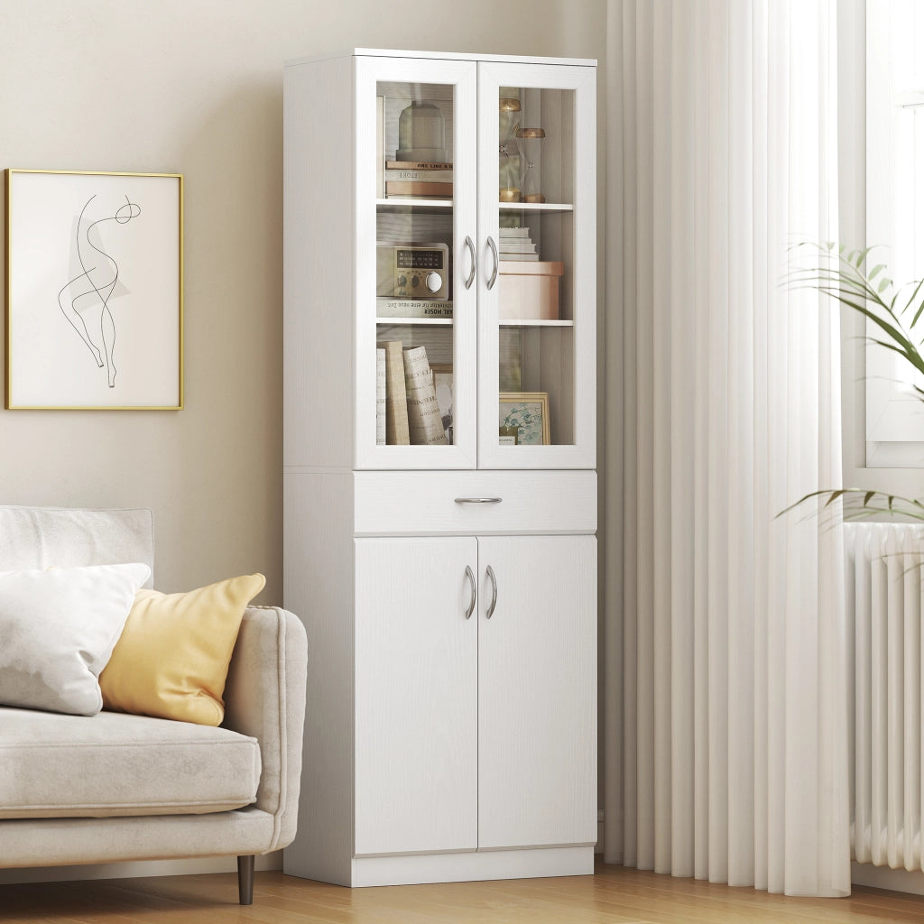Credenza Cucina 60x35x180 cm con 2 Armadietti e un Cassetto Mensole Regolabili e Ante in Vetro in Legno Bianco