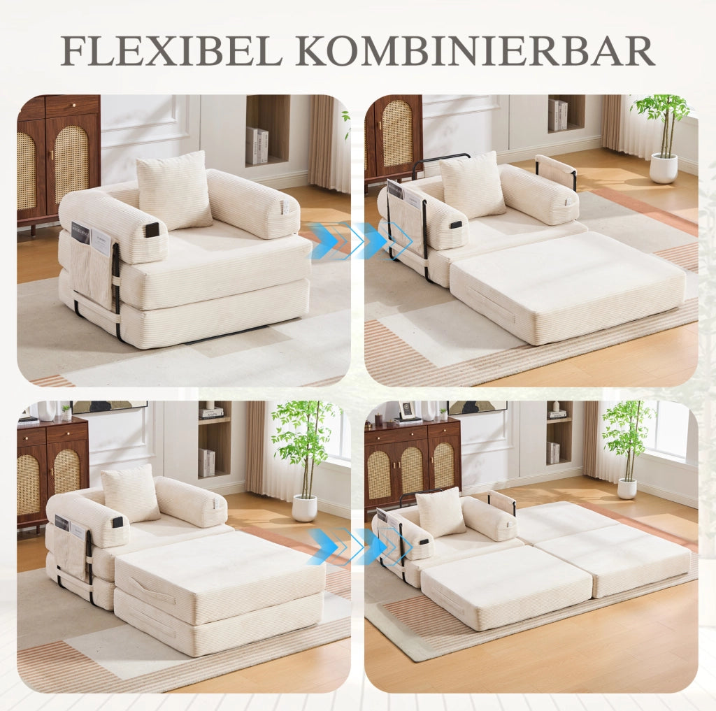 Poltrona modulare in velluto a coste beige con pouf e cuscino