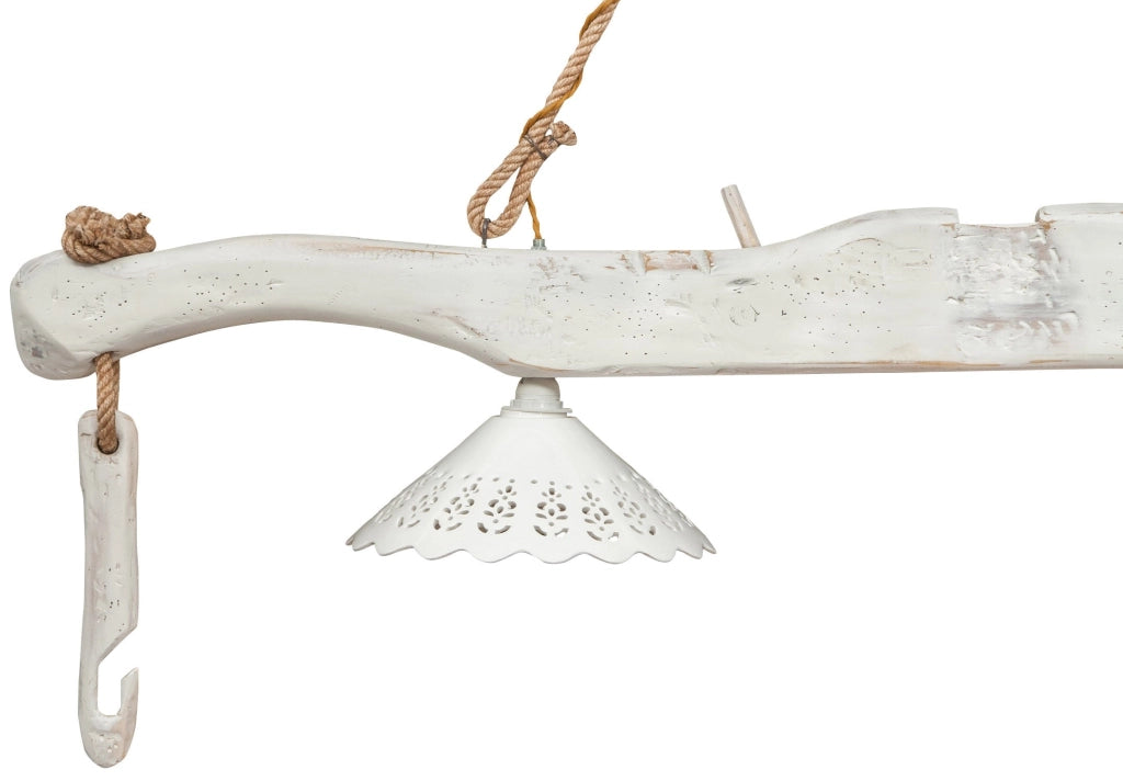 Biscottini Giogo lampadario in legno massello di tiglio finitura bianca anticata Made in Italy