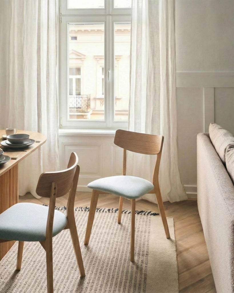 Set di 2 sedie da pranzo con seduta in tessuto grigio chiaro e struttura in legno massiccio chiaro retrò senza braccioli