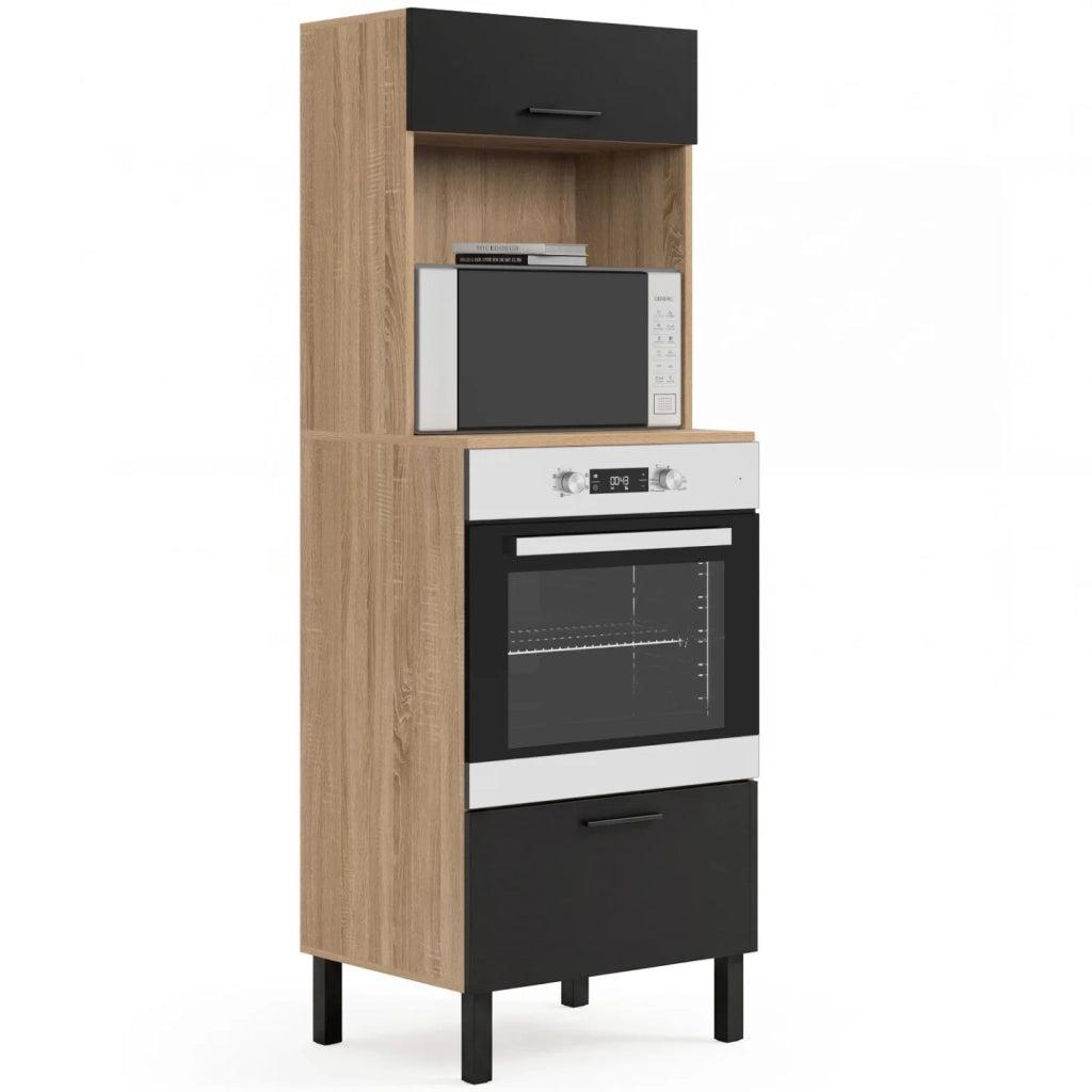 IDMarket - CINA Armadio forno/microonde a colonna da 60 cm a 2 porte, nero e faggio