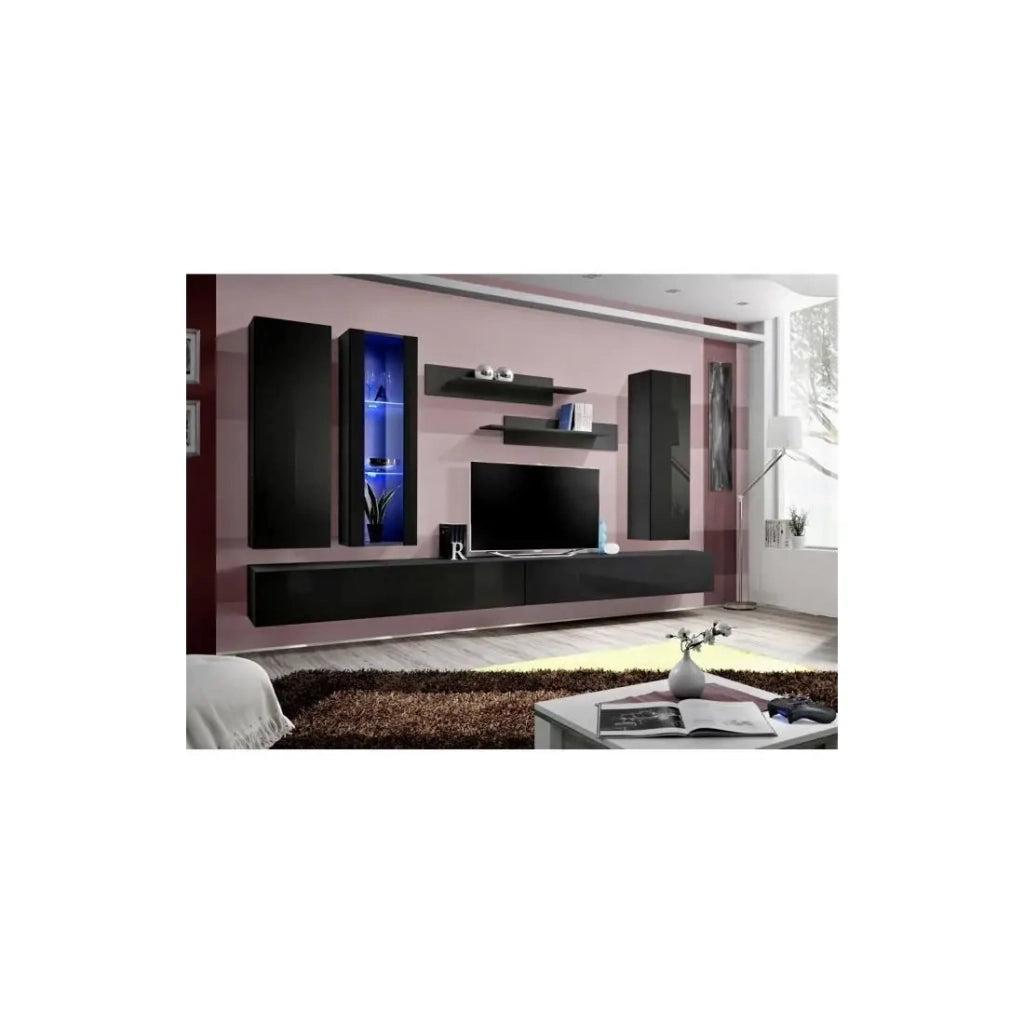 Mobile TV FLY E4 design, colore nero lucido. Mobile sospeso moderno e alla moda per il tuo soggiorno.