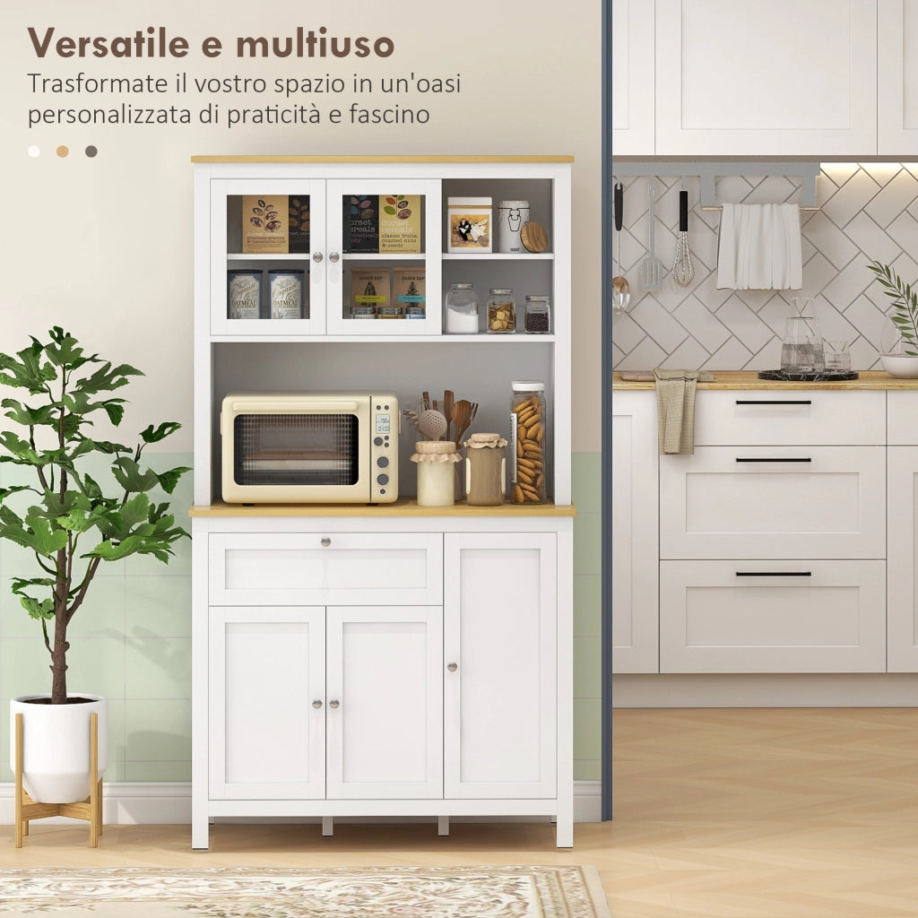 Dispensa Cucina con Cassetti. Ripiani Aperti e Scaffali Regolabili in Legno. 100x40x180 cm. Bianco