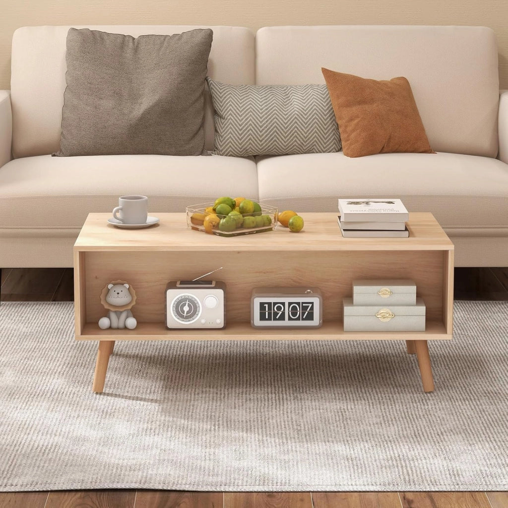 Tavolino da Caffè in Rattan, Tavolino Moderno con 2 Cassetti e Compartimento Posteriore e Gambe in Legno Massello, Tavolo Rettangolare da Salotto e Ufficio
