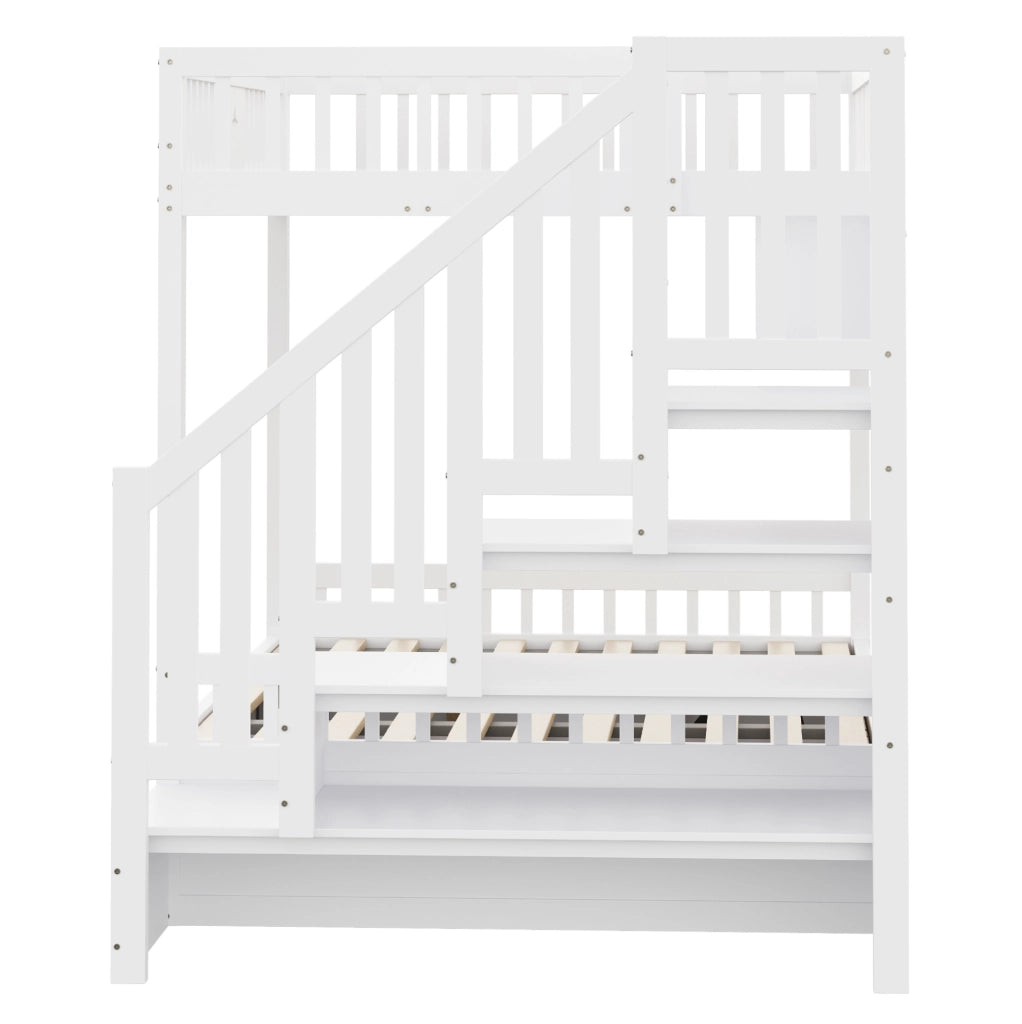 Letto a castello 140x200 cm in legno bianco con contenitore idraulico; ripiani e scala