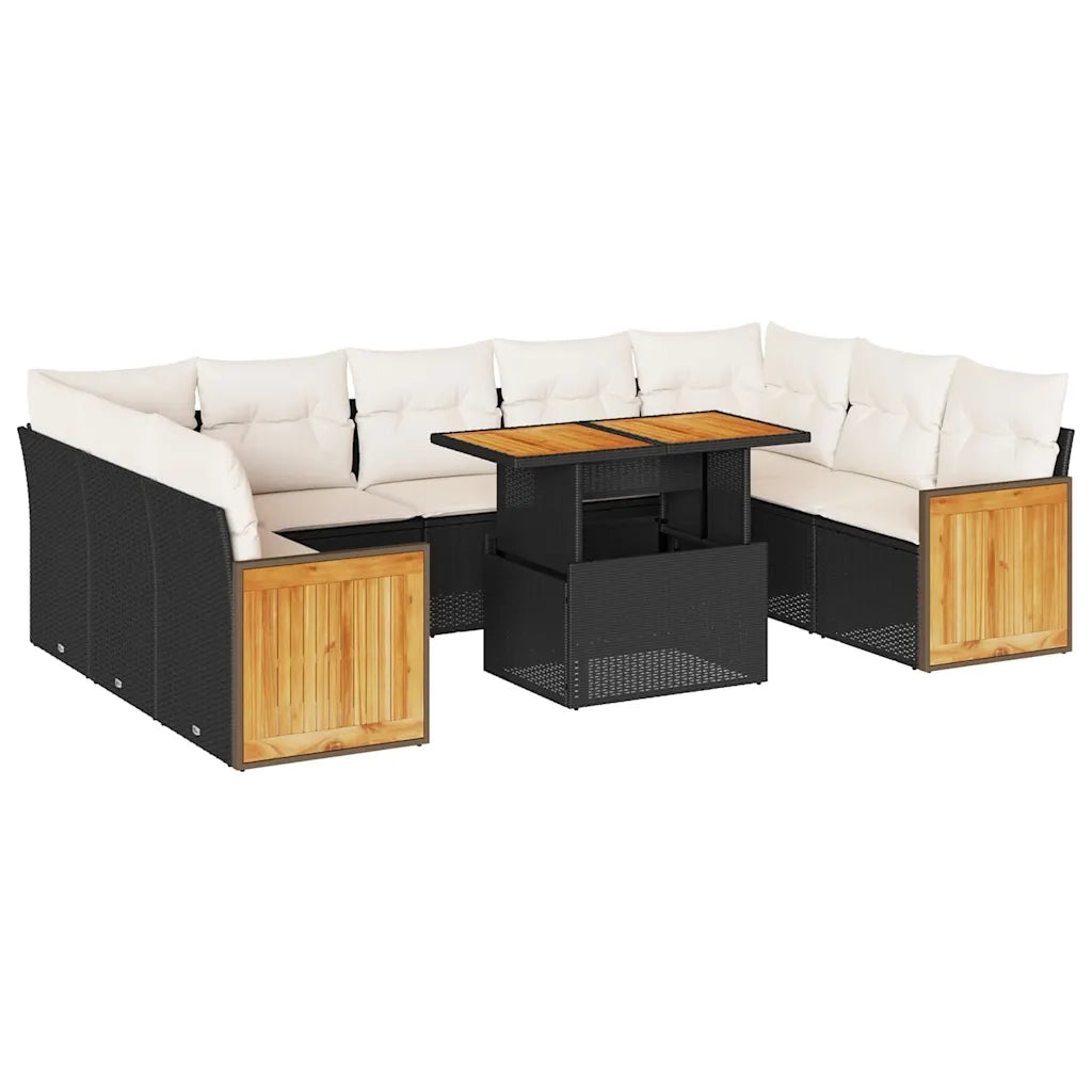 Set Divani Giardino 10pz con Cuscini Nero in Polyrattan Acacia 3327752