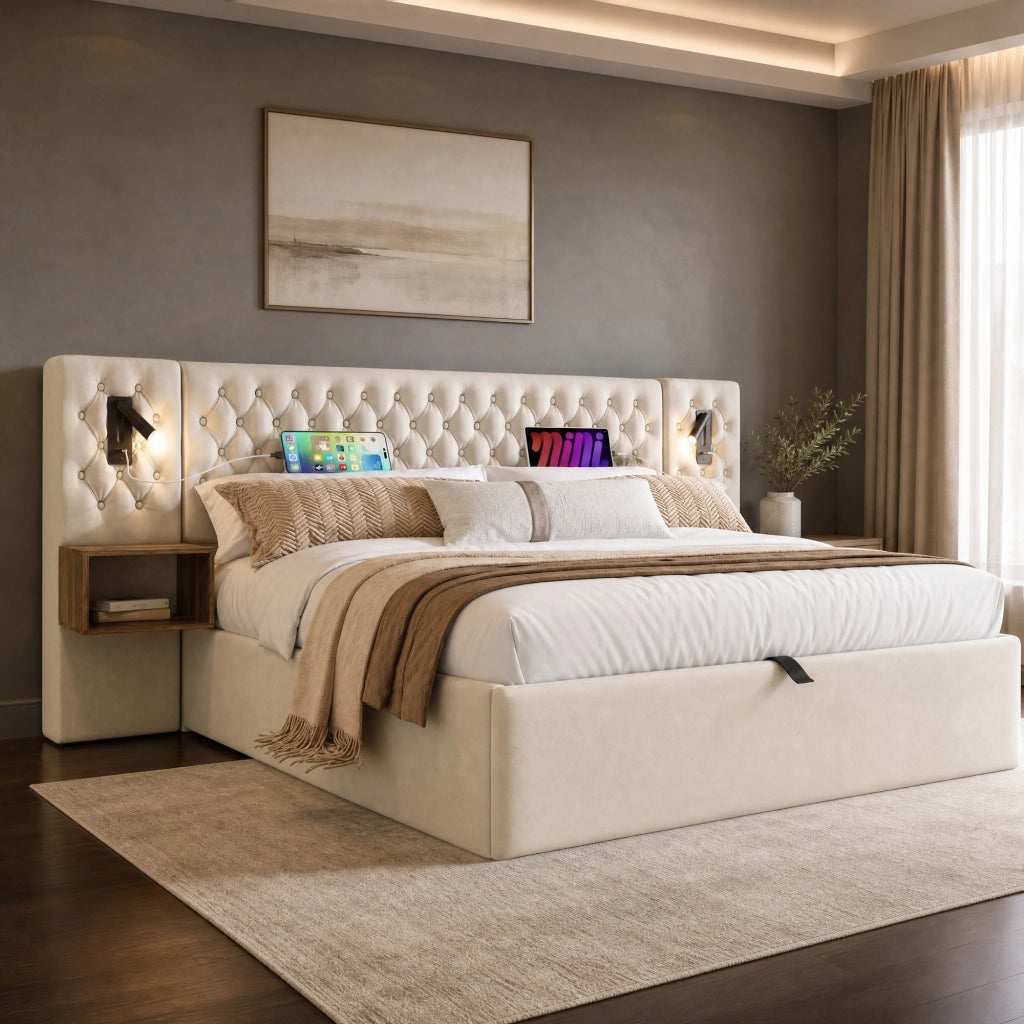 LETTO Contenitore Idraulico 180x200 cm Velluto Beige con 2 comodini