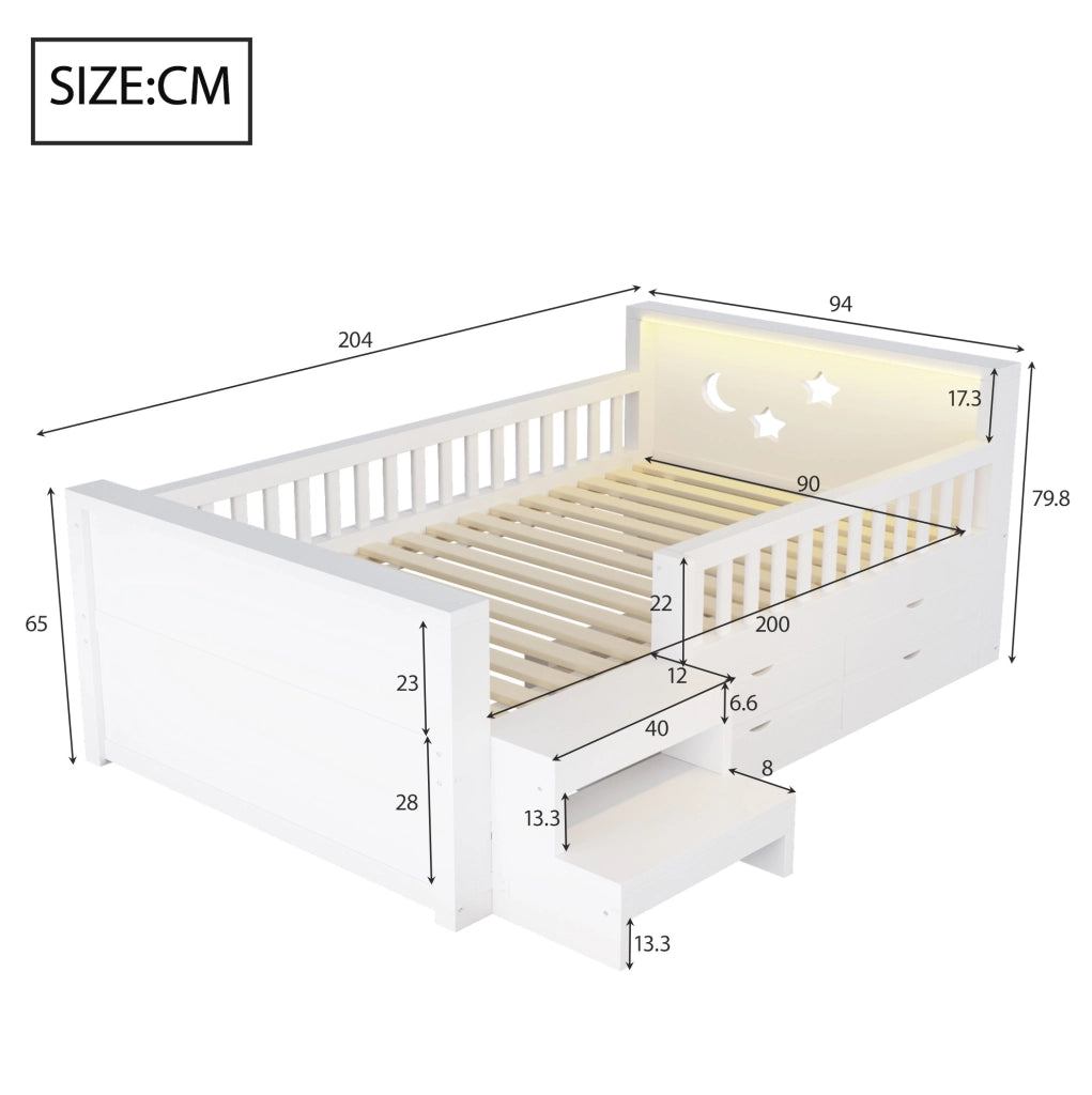 Letto bambini 90x200 cm in legno bianco con sponde; cassetti; scala e LED