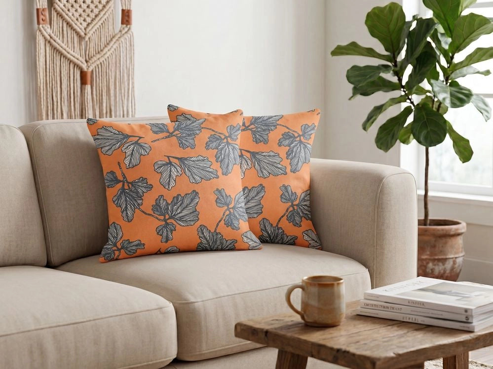 Set di 2 cuscini arancio e nero 45 x 45 cm in poliestere lino cotone foglie soggiorno camera da letto