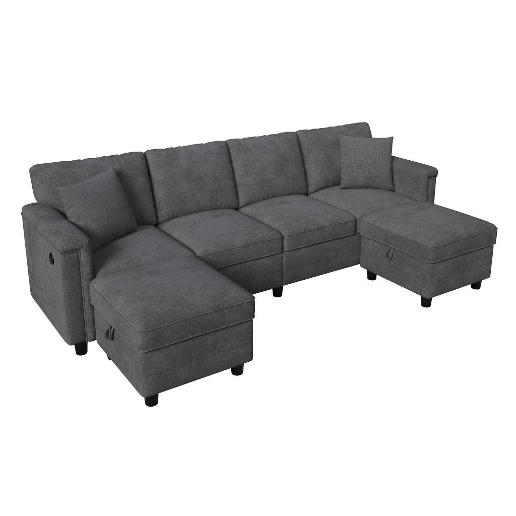 Divano modulare trasformabile a L o U 261x134x82 cm in ciniglia grigio con USB e Type-C