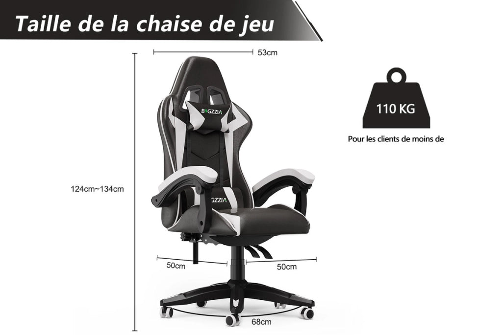 Sedia da gioco,  Sedia da gioco ergonomica, altezza regolabile, schienale reclinabile, braccioli e poggiatesta, nero e bianco