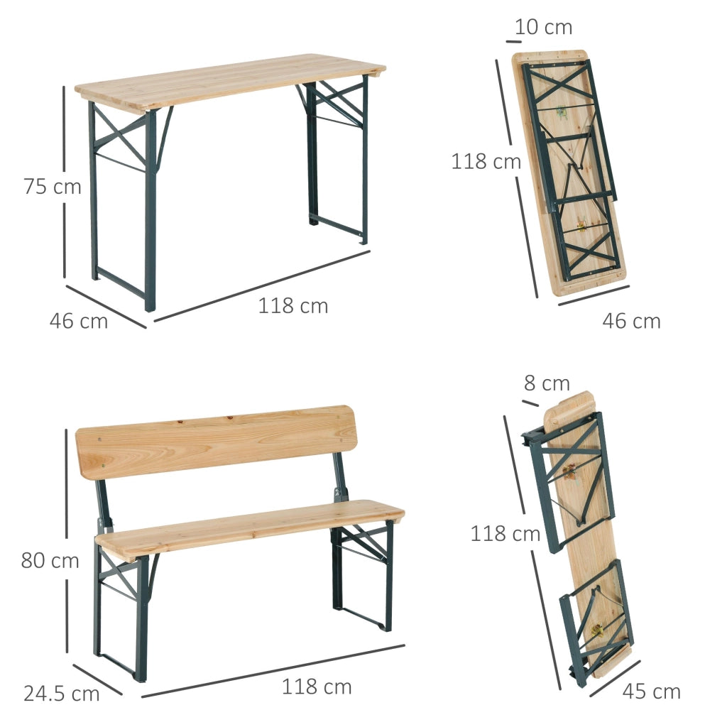 Set Birreria da Esterno Tavolo e 2 Panche con Schienale Pieghevoli in Legno di Abete