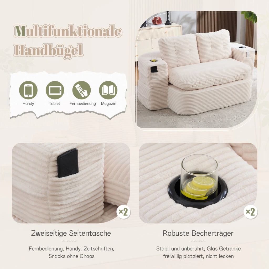 POLTRONA LETTO 2-in-1 in corduroy beige con portabicchieri doppi