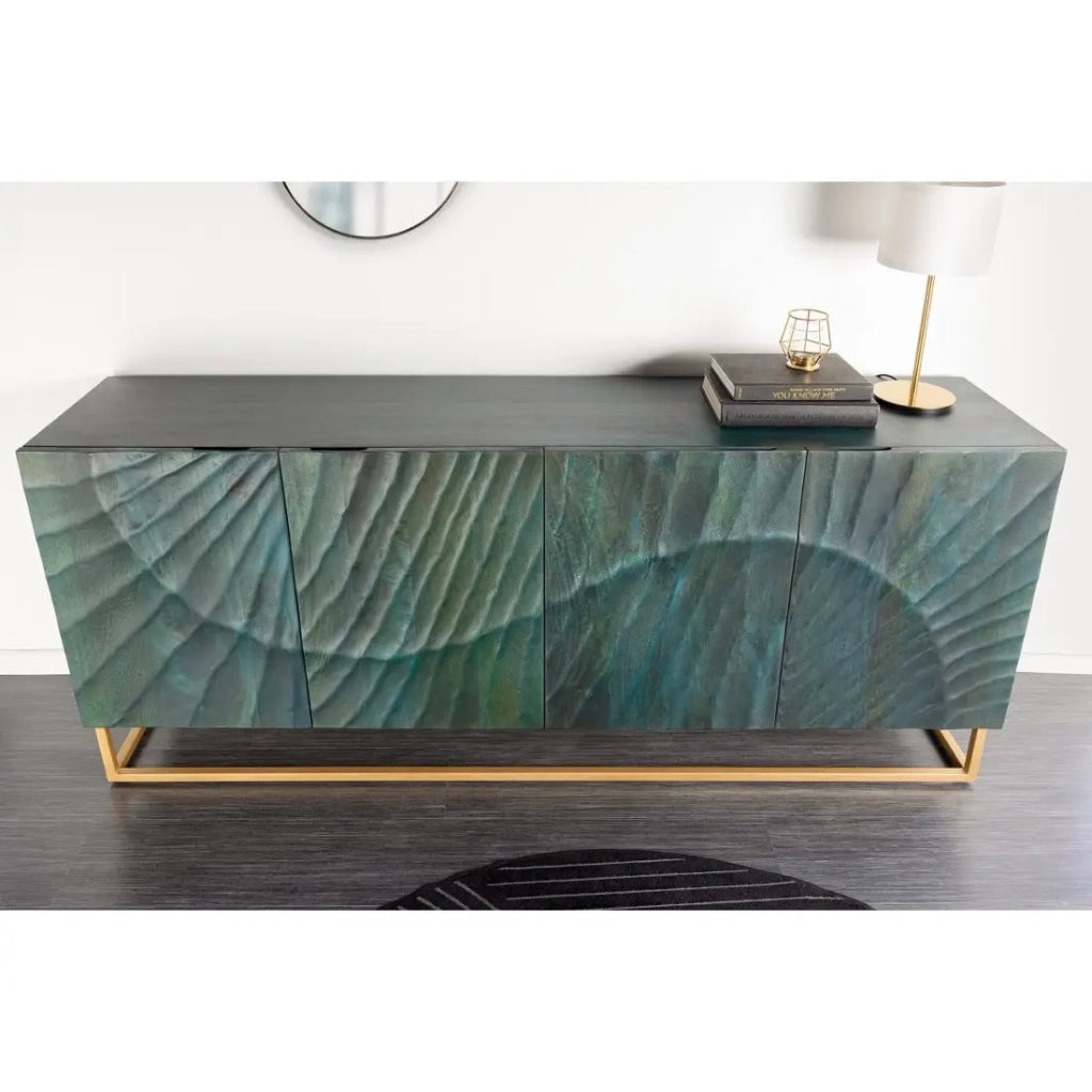 Buffet LUMBER 180 cm – Legno scolpito turchese e dorato, stile design contemporaneo