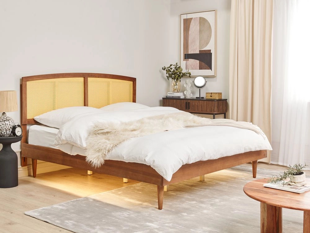 Letto in legno di gomma chiaro UE matrimoniale con LED 180 x200 cm con testiera a doghe Stile rustico minimalista
