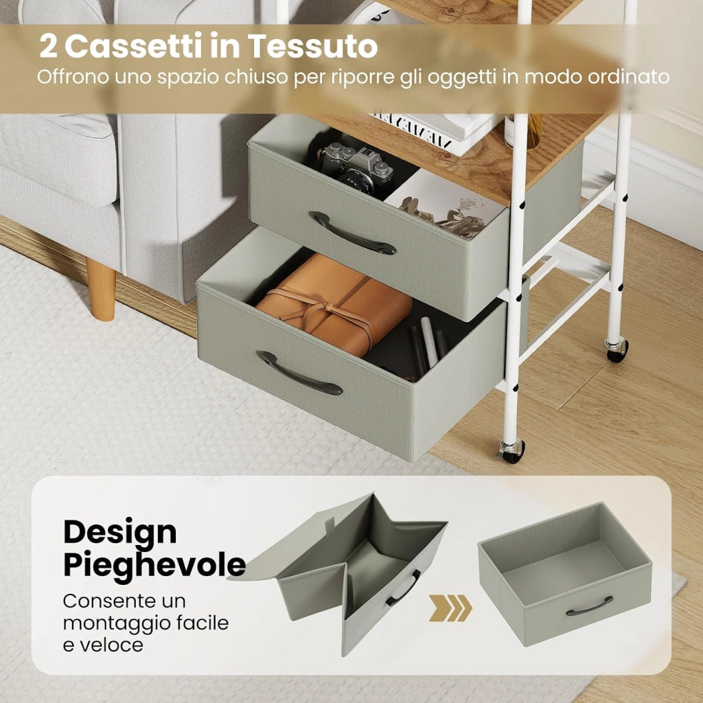 Carrello Mobile con Rotelle, Supporto per Stampante con 2 Ripiani Aperti e 2 Cassetti in Tessuto, Organizer Multiuso con 4 Ruote per Camera da Letto, Ufficio e Cucina