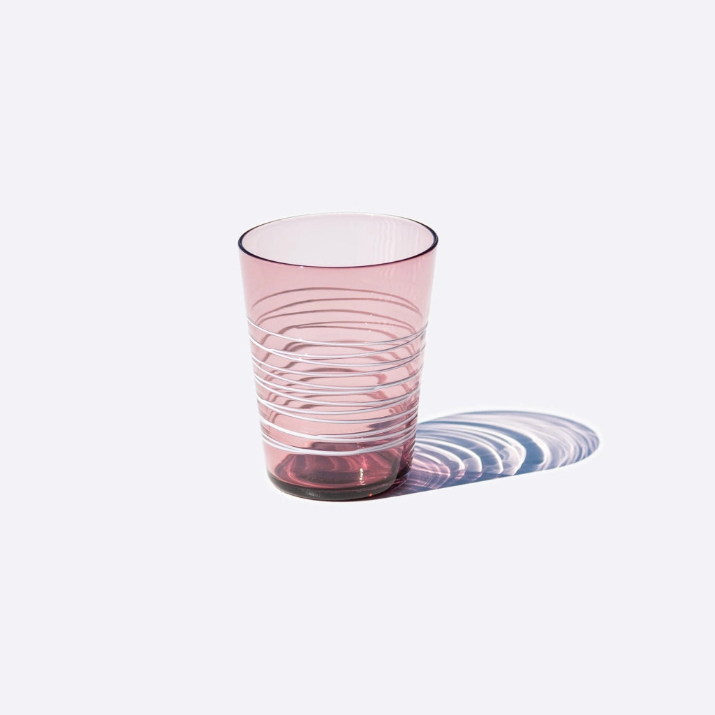Set 6 Bicchieri Filante Tumbler in Vetro Colorato Ametista con Decorazioni a Mano in Filo Bianco, Design Elegante e Resistente per Tavola Moderna