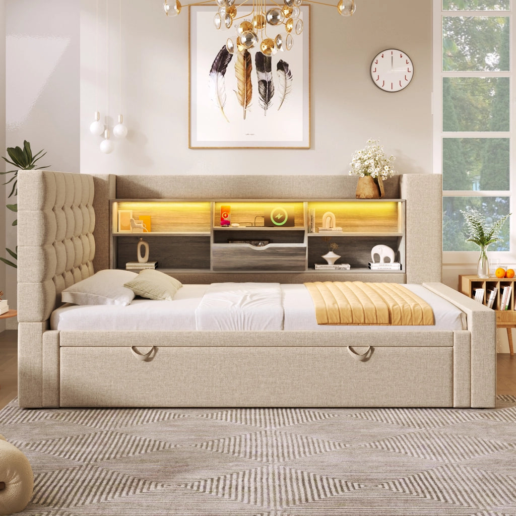 OKWISH Letto a Divano 90×200 cm, Letto Singolo con Letto Estraibile 90×190, LED Regolabile, USB e Tipo C, senza Materasso, Beige