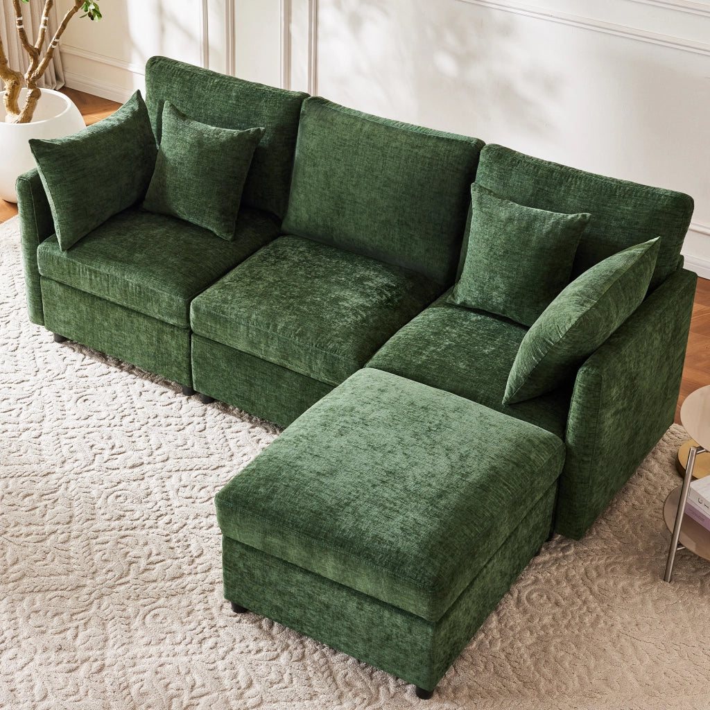 Divano angolare modulare 3 a 4 posti con pouf mobile e 4 cuscini in Chenille Verde