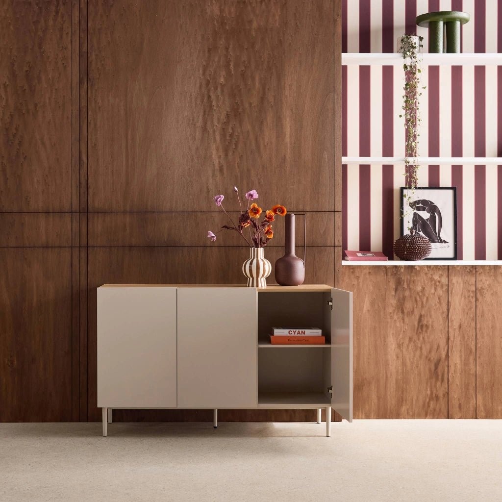 Credenza in metallo e decorazione in legno 3 ante, 120cm, beige