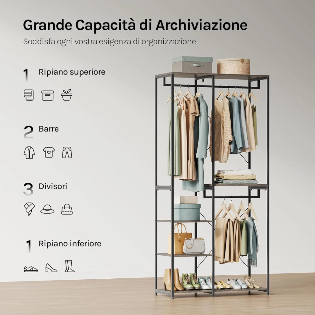Porta Abiti in MDF e Acciaio, Appendiabiti con Scaffali, Attaccapanni Moderno, Guardaroba Armadio Nero 90x40x204,5 cm