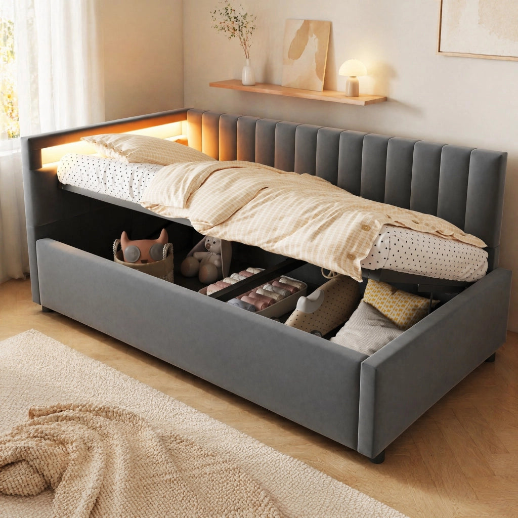Divano letto imbottito 90x200 cm in velluto grigio con LED e contenitore idraulico