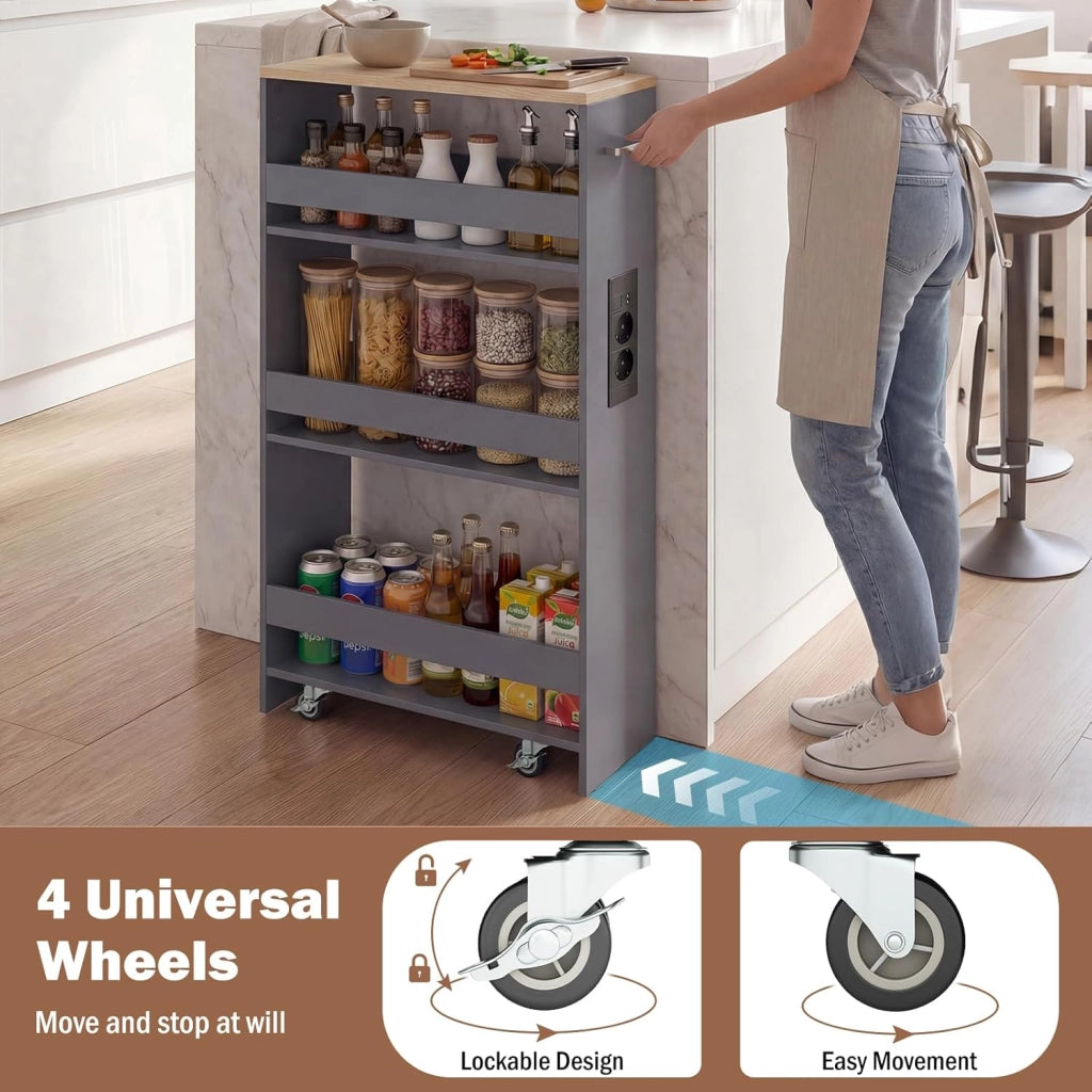 Scaffale per Nicchia da 20 cm di Larghezza, con Base di Ricarica, 4 Piani in Legno su Ruote, Scaffale Sottile per Cucina e Bagno, Carrello a Rotelle (Naturale+Grigio, Largo 20cm, con presa)
