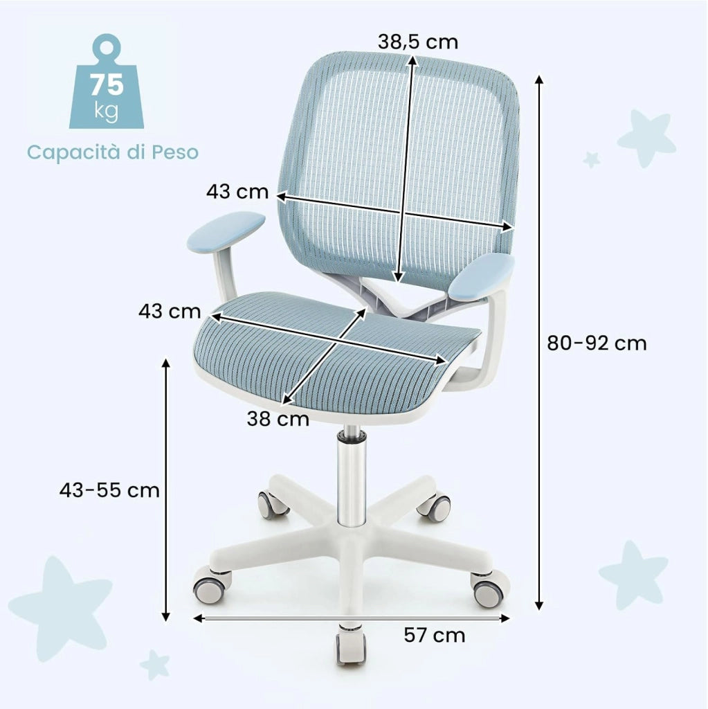 Sedia da Scrivania Girevole per Bambini (Blu, Ruote Ordinarie) | con Altezza Regolabile, 5 Ruote, Braccioli Morbidi, Mobile Ergonomica per Bambini 6-15 Anni