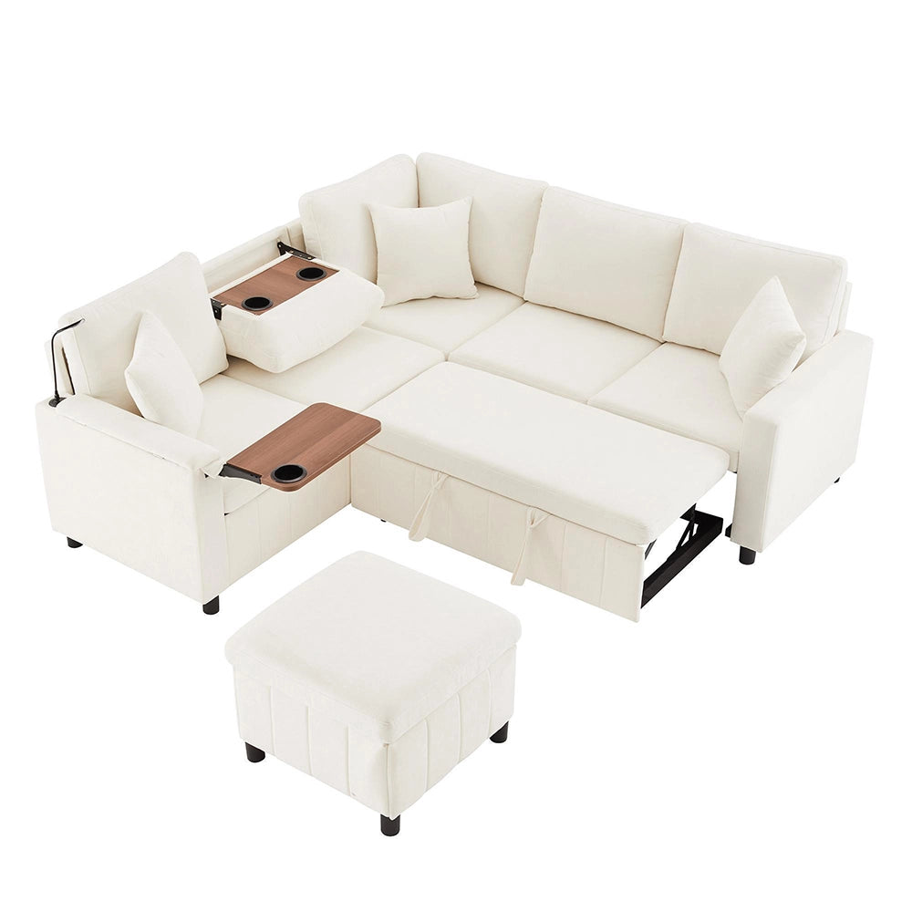 Divano letto angolare in velluto - Xylo - 205x205x85 cm - Beige - Con pouf, luce, USB, tavolo nascosto