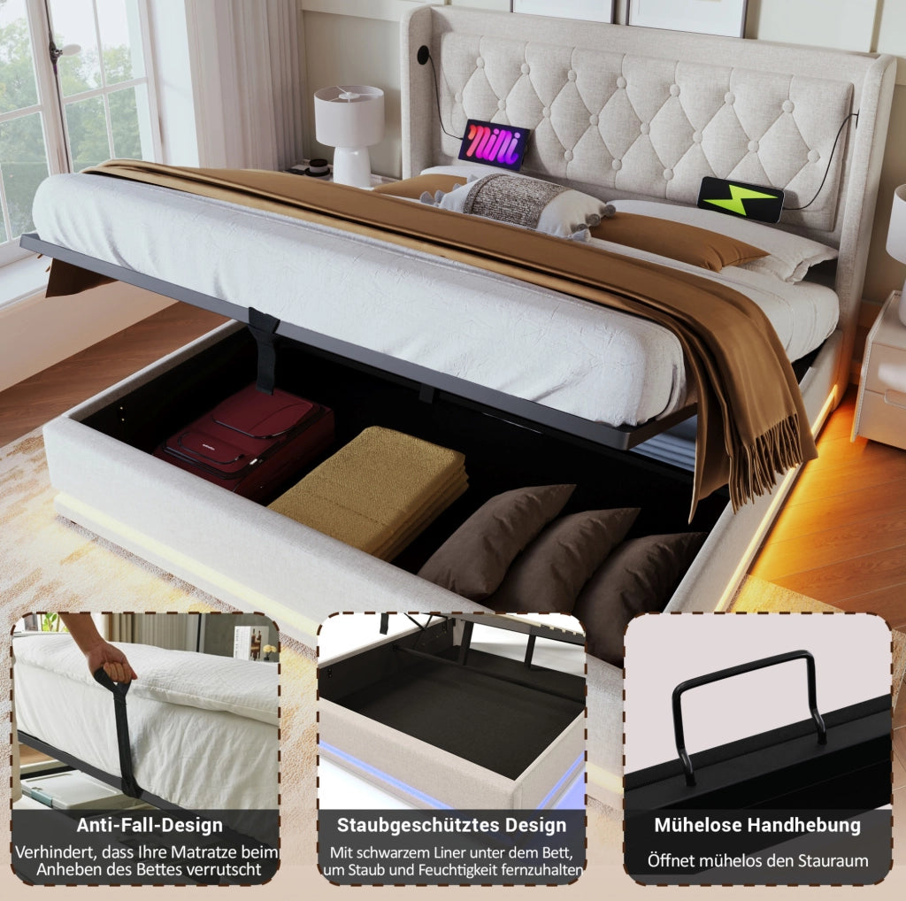 Letto imbottito contenitore beige 160 x 200 cm con LED e ricarica USB Type-C