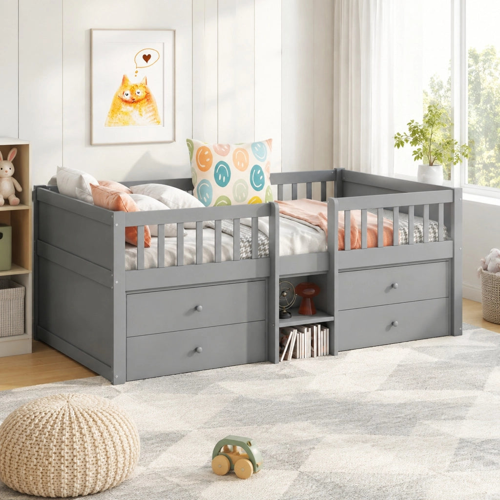 LETTO Semialto 90x200 cm Grigio con 4 Cassetti, Scala e Grembiule di Sicurezza