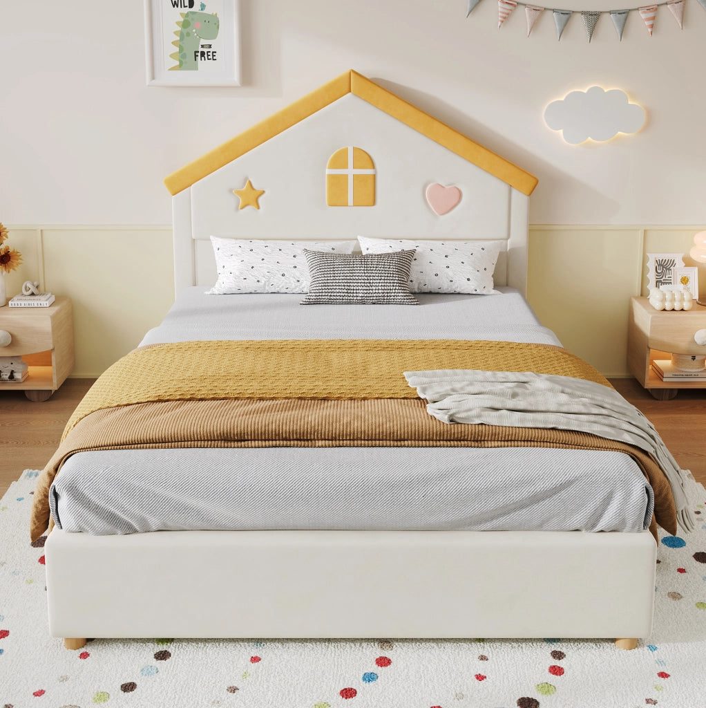 Letto per bambini a casa imbottito Beige 140x200 cm con 4 cassetti