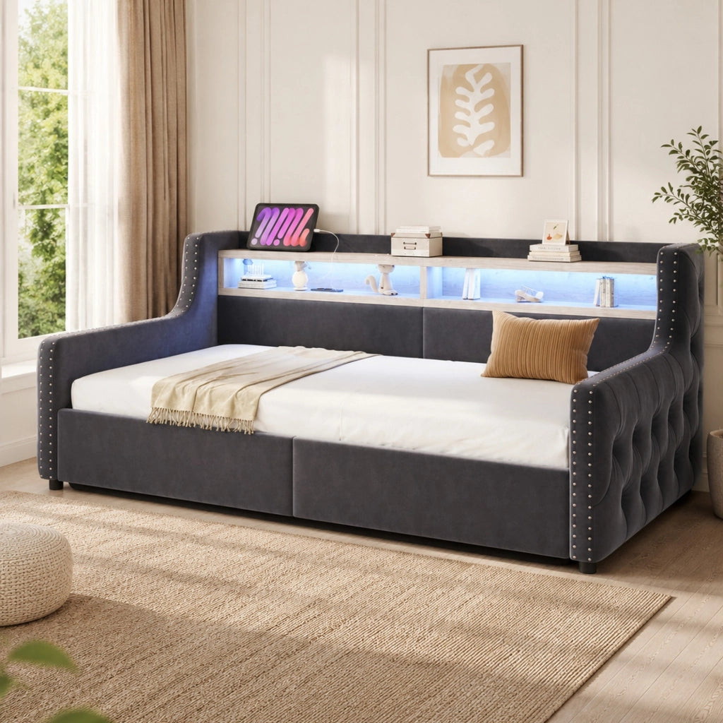 DIVANO LETTO 90 x 200 cm in velluto grigio scuro con LED e vano contenitore