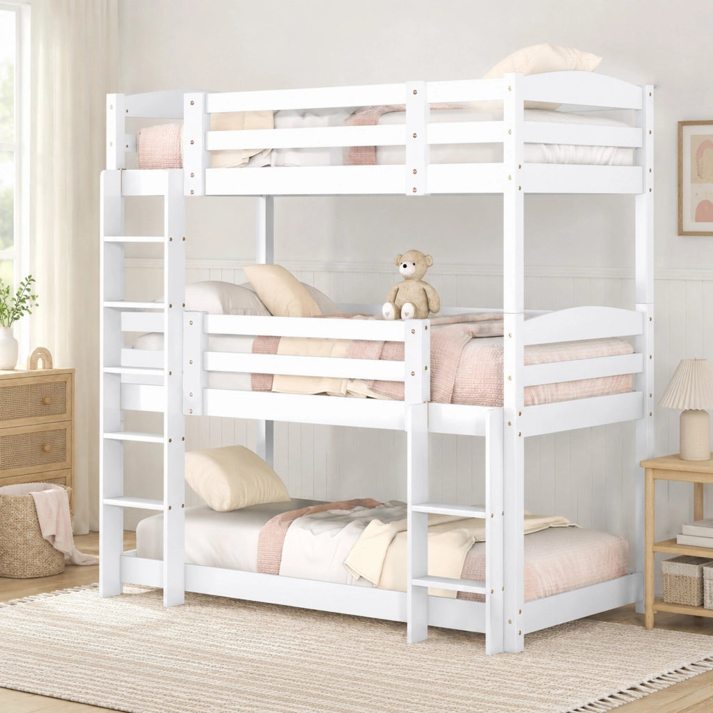 Letto a castello triplo per bambini 90x200 cm in pino e MDF; bianco