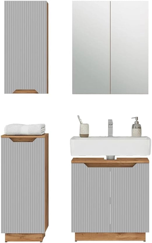 Set di mobili da bagno Lotta, Rovere/grigio a righe, 4 parti