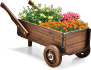 Fioriera da Esterno in Legno a Forma di Carrello, Carriola Portafiori con Ruote, Maniglie, Foro di Drenaggio, Carrello Decorativo da Interno ed Esterno, per Giardino, Patio e Balcone
