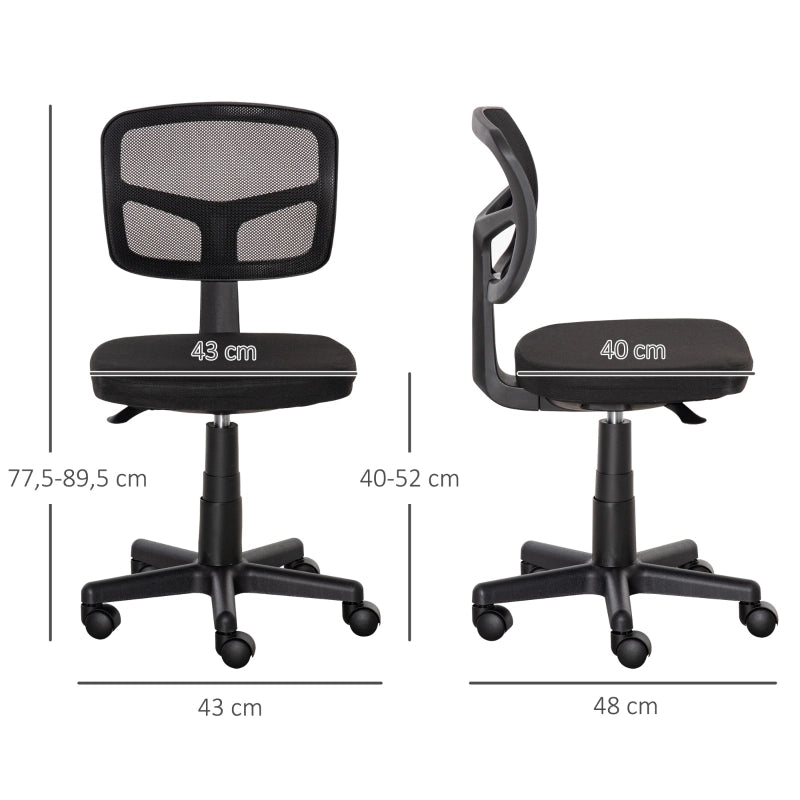 Sedia da ufficio ergonomica girevole con altezza regolabile senza braccioli e rotelle per scrivania in tessuto nero