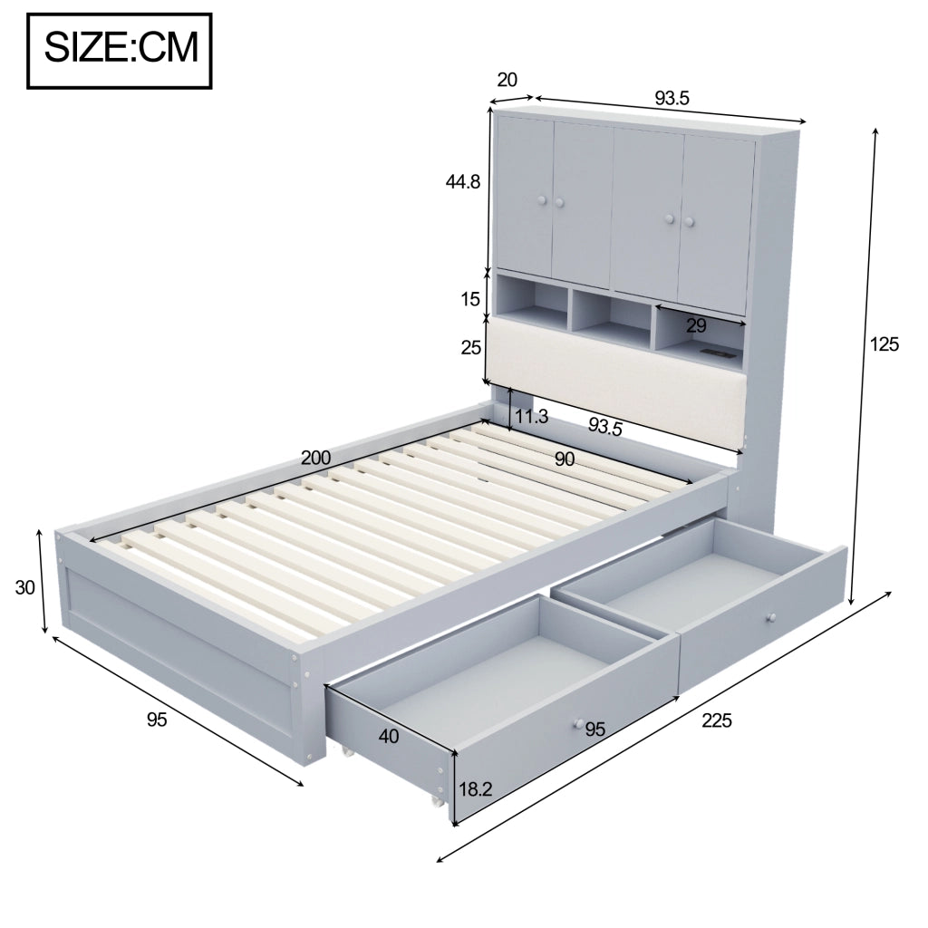 Letto in legno 90 x 200 cm, testiera imbottita, con vano portaoggetti, illuminazione a LED, presa di corrente, 2 cassetti, grigio