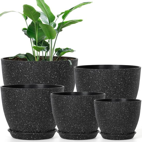 Vasi per Fiori per Interno - Vaschetta Decorativa - 5 Pezzi - Nero - 21,5/19/16/14/12,5 cm