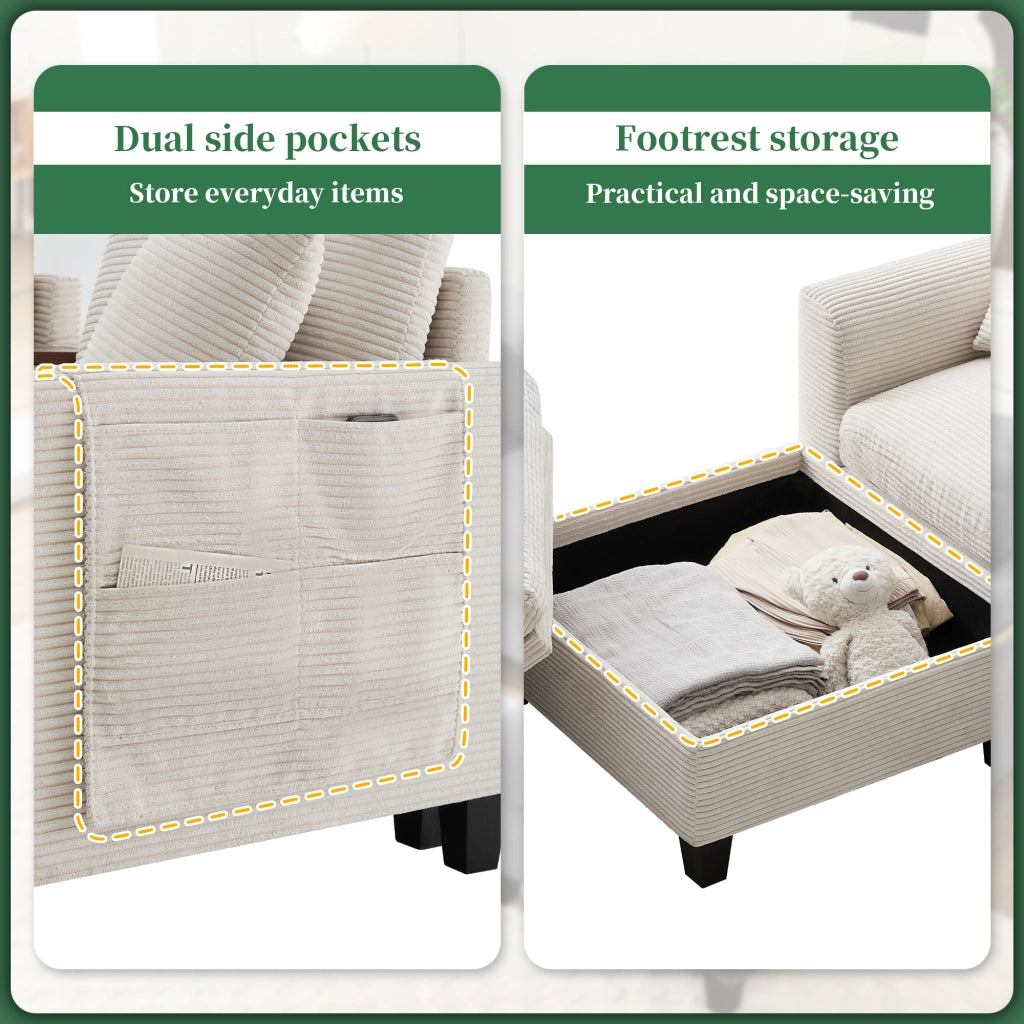 Divano angolare modulare con console centrale USB portabicchieri tasche laterali e cuscini in velluto a coste beige