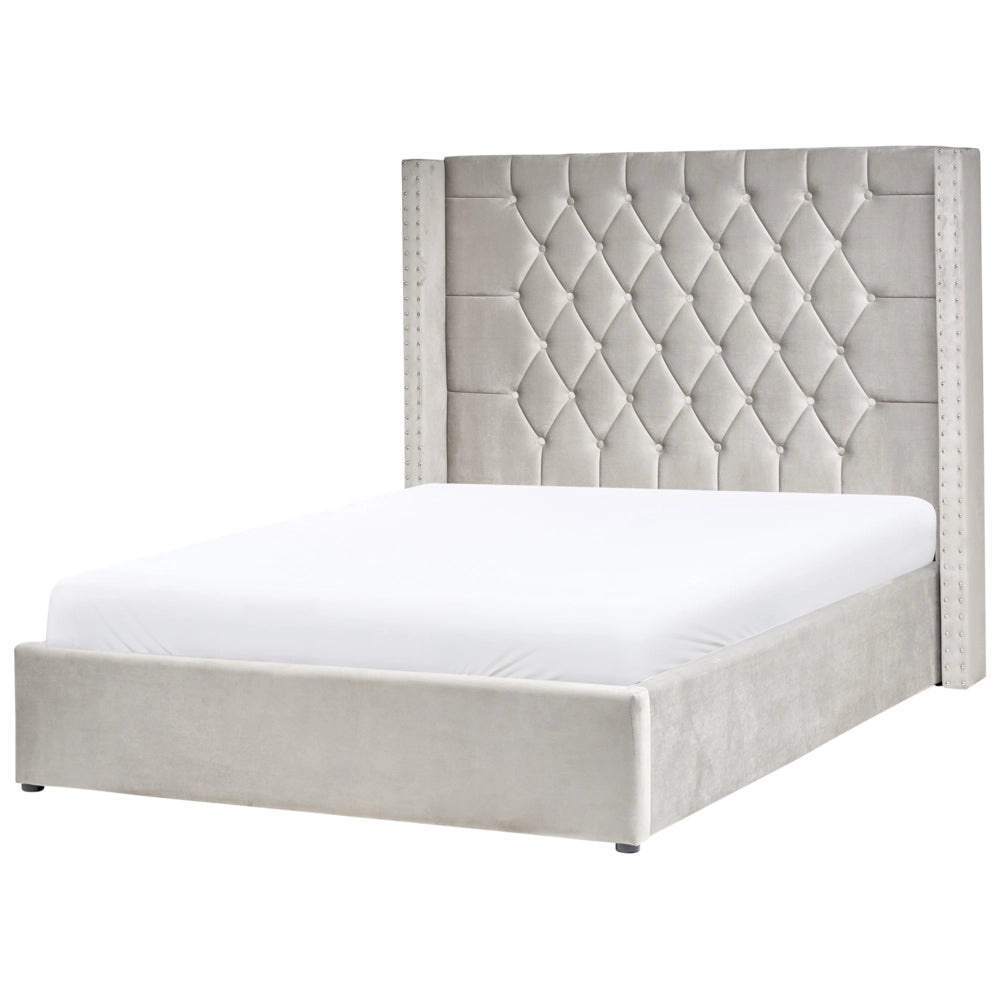 Letto contenitore velluto grigio chiaro e argento 140 x 200 cm glamour elegante