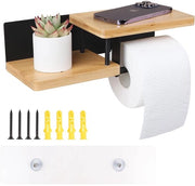 Sostegno per carta igienica - Autoadesivo - Con piastra - Nero - Funzionalità - Ideale per bagno e cucina - 31,5 x 12,5 x 8,5 cm