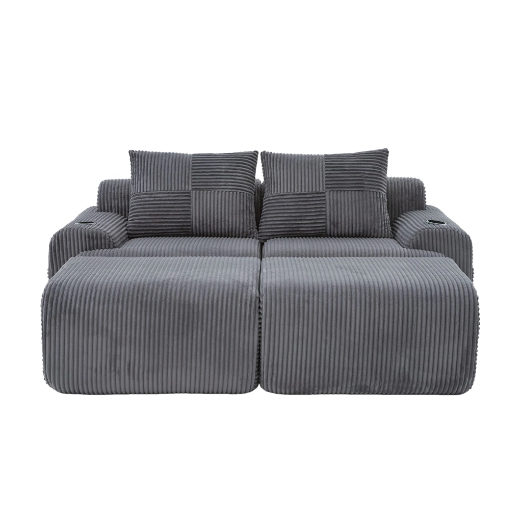 Divano modulare 2 posti con portabevande e tasca laterale in tessuto a coste grigio scuro, 200 × 174 × 80 cm
