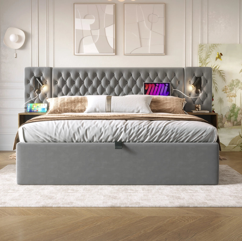 Letto 180x200 con contenitore, comodini e luci USB-C grigio